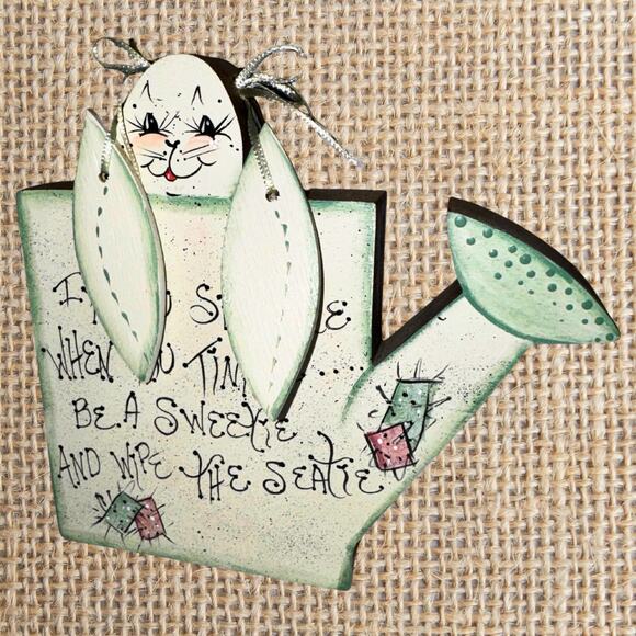 Vintage Bunny Watering Can – “If You Sprinkle When You Tinkle” Wooden Folk Art - Picture 1 of 8